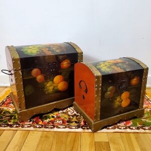 Vintage Hand Painted Wooden Fruits Hope Treasure Chest Trunk Storage 2 Box